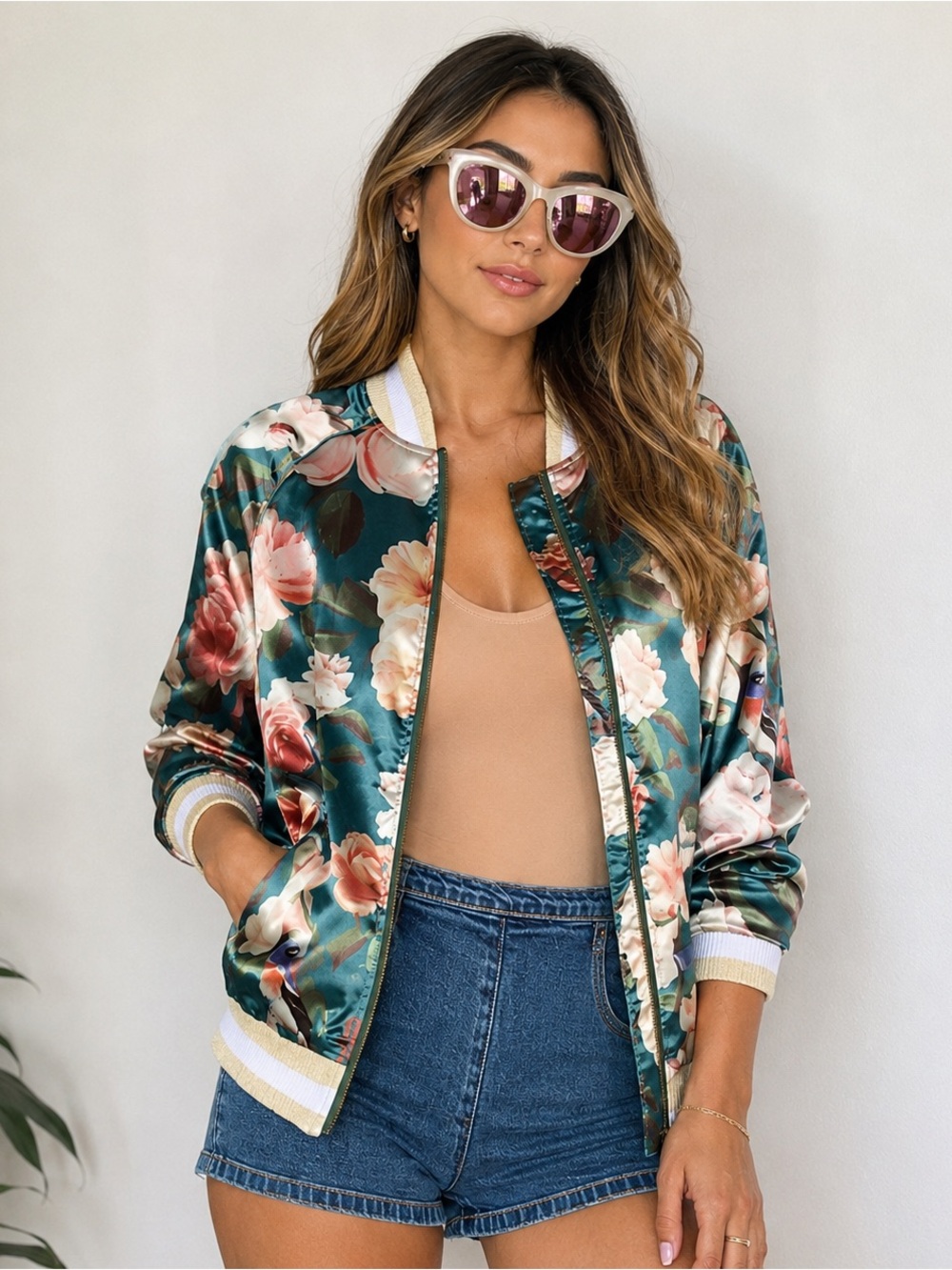 Tularosa Floral Satin Bomber Jacket XS Teal Pink Rose Print Revolve